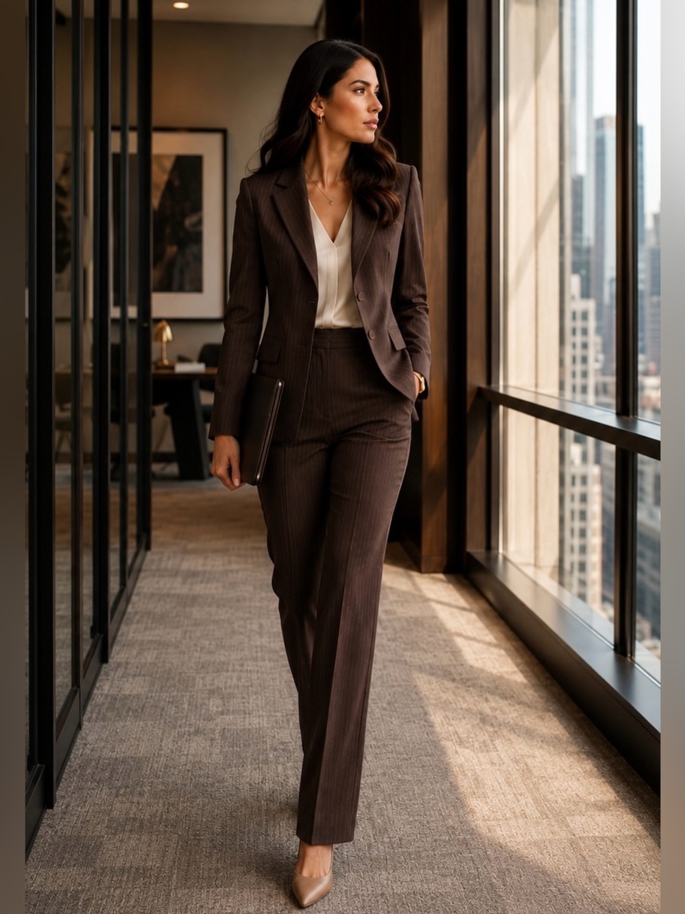BCBGMAXAZRIA Brown Pinstripe Suit Set Size 2 Blazer Pants Office Career NWOT